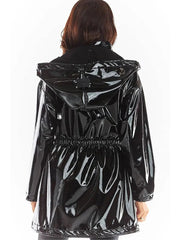 Trench Coat Women Patent Leather Hooded Loose PVC Long Button Plus Size Long Sleeve Outerwear Fashion
