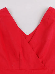 Midi Dress Women Red Pleated Solid Vintage Wrap V-Neck Belted Elegant Retro Party Spring Summer