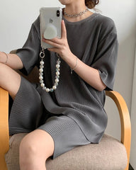 Shirt & Shorts Set Women Retro Waffle Knit Loose Short Sleeve Round Neck 2-Piece Casual Fashion