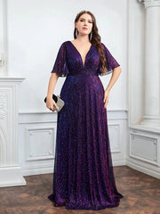 Plus Size Sequin Prom Dress Women Plunging Neck Butterfly Sleeve Glitter Bridesmaid Wedding Party