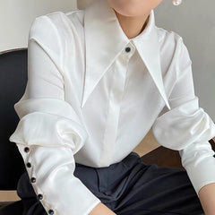 Elegant Turn Down Large Collar Satin Shirts for Women Autumn Winter Spring Vintage Satin Long Sleeve White Yellow Blouse