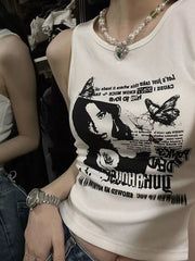 Tank Top Women Y2K Grunge Print Ribbed Knit Sleeveless Aesthetic Streetwear Spring Summer Casual Top