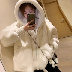 Faux Fur Hooded Coat Women White Warm Plush Winter Casual Elegant Outerwear Fashion