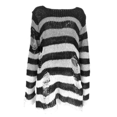 Long Striped Unisex Loose Sweater Cool Gothic Hollow Out Hole Distressed Top