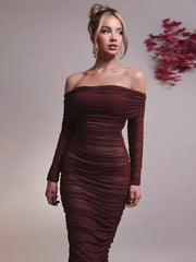 Off Shoulder Midi Dress Ruched Mesh Long Sleeve Bodycon Tight Fitted Evening Party Club Women