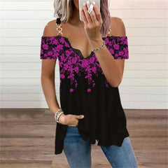 Off Shoulder Floral Print Top Women Short Sleeve Lace V-Neck Casual Summer Fashion T-Shirt