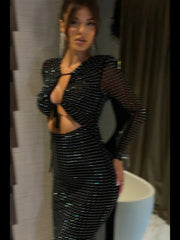 Maxi Dress Women Elegant Sequin Sparkly Hollow Out Sheer Long Sleeve Bodycon Club Party Prom Dress
