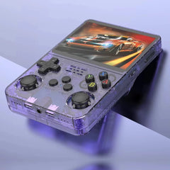 Handheld gaming console with transparent casing displaying a racing game on screen.