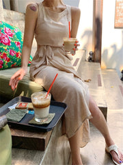 Women's Summer Long Vintage Dress Cotton Poly Blend Sash Sleeveless Dress