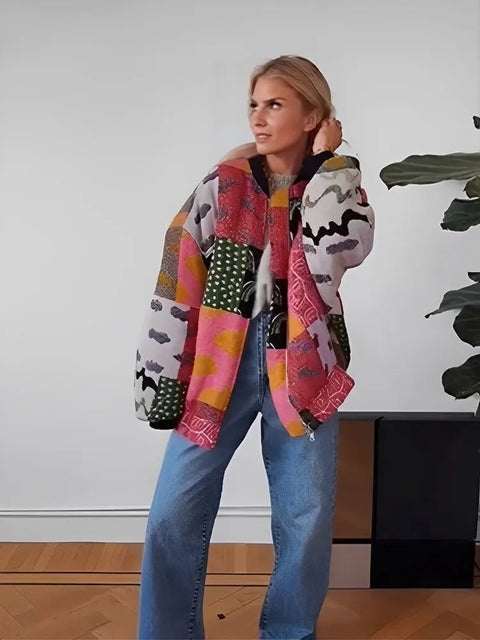 Quilted Jacket Women Vintage Print Patchwork Loose Boho Warm Autumn Winter Casual Outerwear Fashion