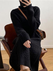 High Collar Sweater Dress Women Casual Loose Thick Warm Long Knit Winter Fashion Dress