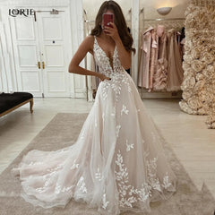 Boho Lace V-Neck Wedding Dress Women A-Line Chapel Train Appliqué Bridal Gown Custom Size