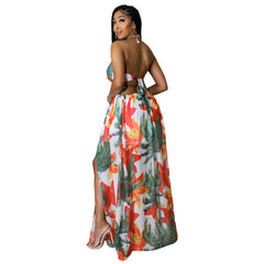 Elegant Backless Maxi Long Dress Women's Floral Halter V-neck Dress with Chain & Split