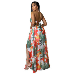 Floral Halter Maxi Dress Women Elegant Backless V-Neck Chain Split Long Party Fashion Dress