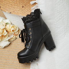Platform Boots Women Goth Patchwork Hollow Lace Lolita Chunky High Heel Lace-Up Party Fashion Shoes