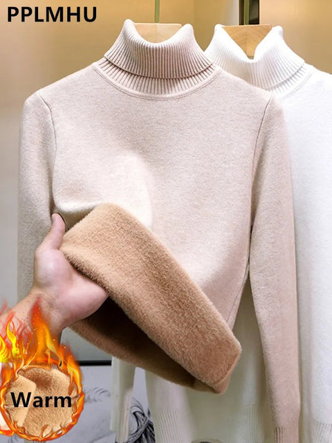 Turtleneck Sweater Women Thermal Lining Warm Thick Cozy Knitted Winter Casual Fashion Top