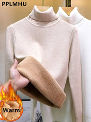 Turtleneck Sweater Women Thermal Lining Warm Thick Cozy Knitted Winter Casual Fashion Top