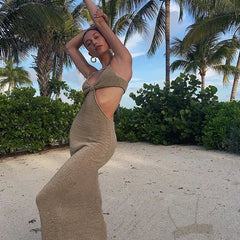 Maxi Dress Women Hollow Out Backless Belt Sleeveless Pure Color Elegant Chic Summer Long Party Dress