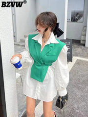Blazer Dress Women Contrast Color Long Sleeve High Waist Faux 2-Piece Chic Contemporary Trend Dress