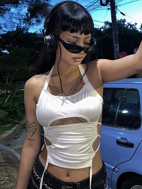 Crop Top Women Backless Hollow Out White Sleeveless Bandage Halter Casual Streetwear Clubwear Summer
