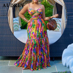 Maxi Dress Women Plus Size Flower Print Sleeveless Backless Boho Casual Summer Beach Party Dress