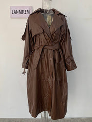 Double Breasted PU Leather Coat Women Lapel Belt Vegan Chic Elegant Winter Outerwear Fashion