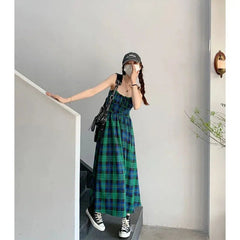 Midi Dress Women Plaid Teal French High Waist Slip Preppy Elegant Casual Spring Summer Fashion Dress