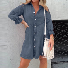 Long Sleeve Denim Shirt Dress Women Single Breasted A-Line Mini Casual Fashion Dress