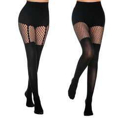 Black fishnet tights with mesh panels on a white background