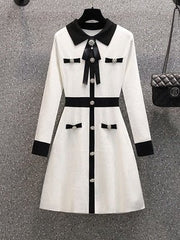 Knit Mini Dress Women Bow Tie Button Vintage Party Casual Elegant Fashion Sweater Dress