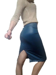 Pencil Skirt Women Back Split PU Leather High Waist Bodycon Vintage Long Clubwear Fashion Skirt