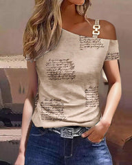 Women's One Shoulder Casual Short-Sleeved Tops Summer Printed T-Shirt Top