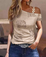 One Shoulder Print T-Shirt Women Short Sleeve Casual Everyday Summer Fashion Top