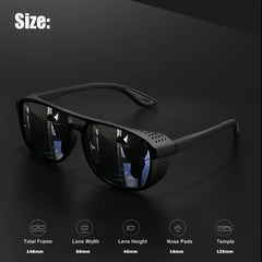 Black sunglasses with size specifications on a dark background