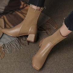 Ankle Boots Women Knitted Fabric Slip-On Square High Heel Short Shaft Casual Chic Fashion Shoes