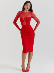 Midi Dress Women Elegant Strapless Sheer Long Sleeve Backless Split Bodycon Club Party Fashion Dress