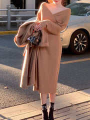 Women's Celebrity Style Sweater Dress V-Neck Backing Temperament Commuter Knit Long Sweater Dress