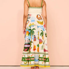 Maxi Dress Women Spaghetti Strap Printed Backless Sleeveless Drawstring Elegant Holiday Casual Vacation