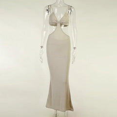Maxi Dress Women Hollow Out Backless Belt Sleeveless Pure Color Elegant Chic Summer Long Party Dress