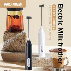 Electric milk frother with creamy foam in seconds, shown with a coffee cup and a glass of tea.