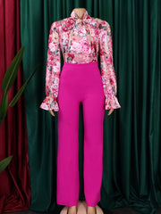 Ladies Two Pieces Set Printed Long Sleeve Blouses & High Waist Pants African Inspired Design