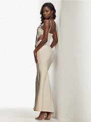 Evening Maxi Dress Women Beading Cut Out Diamond Beige Bandage Elegant Wedding Party Prom Long Dress