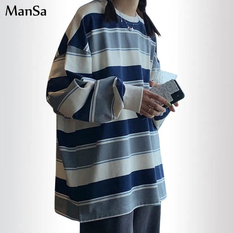 Oversized Sweatshirt Women Loose Chic Striped Back to School Casual Everyday Fashion Top