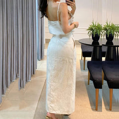 Skirt Set Women Cotton Linen Front Flower Sling Top Split Long Skirt Backless Hollow Casual Outfit