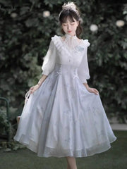 Midi Dress Women French Elegant Vintage Floral Print Slim A-Line Party Dress