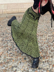 Maxi Skirt Women Y2K Vintage Green Mermaid Graphic Print Lace Trim Mid-High Waist 2000s Aesthetic