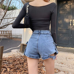 High Waist Hollow Out Denim Shorts Women Casual Streetwear Summer Fashion