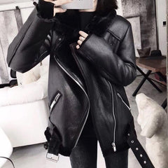Faux Leather Aviator Jacket Women Thick Fur Sheepskin Warm Winter Casual Outerwear Fashion