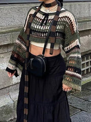 Fishnet Crop Sweater Women Striped Hollow Out Grunge Goth Casual Streetwear Fashion Top