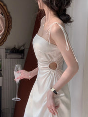 Satin Midi Dress Women Spaghetti Strap Elegant Wedding Evening Prom Spring Summer Fashion Dress